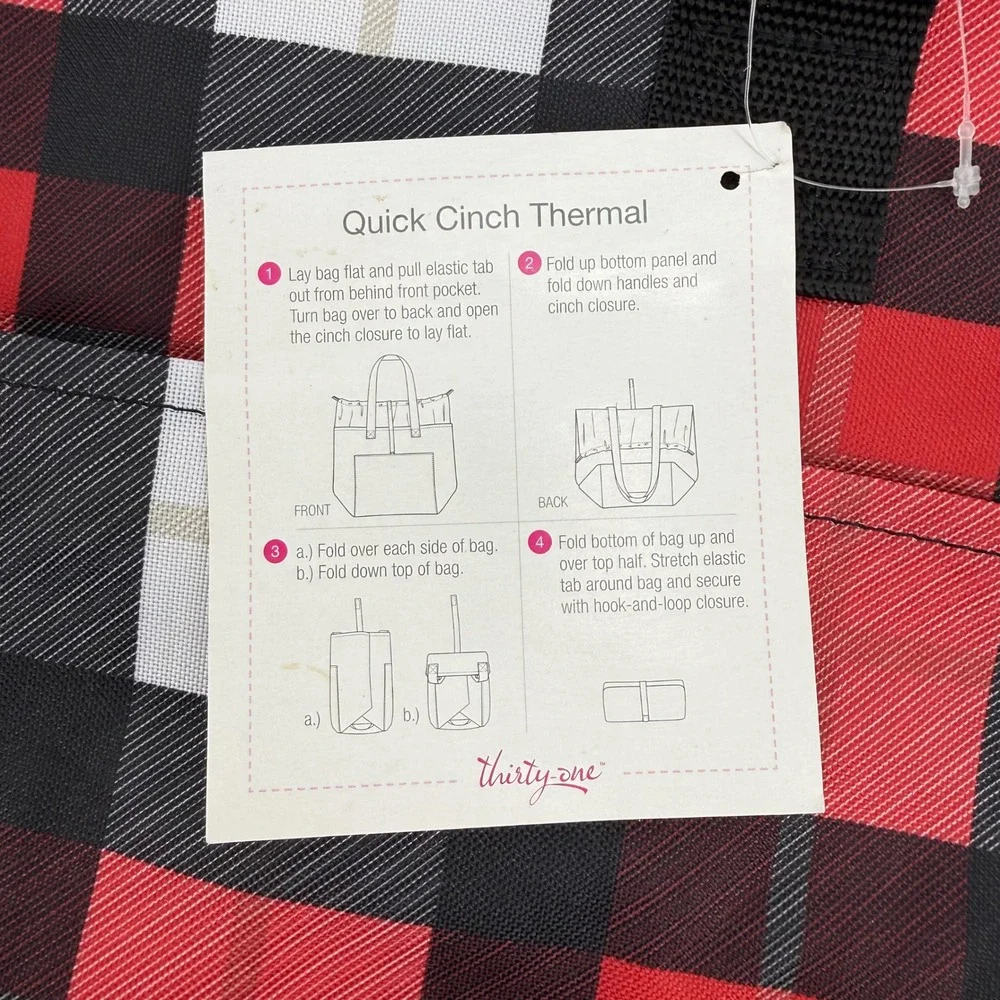 Thirty-One Quick Cinch Thermal Bag Red Black Buffalo Plaid Insulated Tote NEW‎